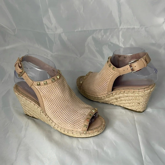 MARC FISHER Santon Tan Nude Espadrille Wedges Shoes Open Toe Gold Studded Boho 6 - Picture 12 of 12